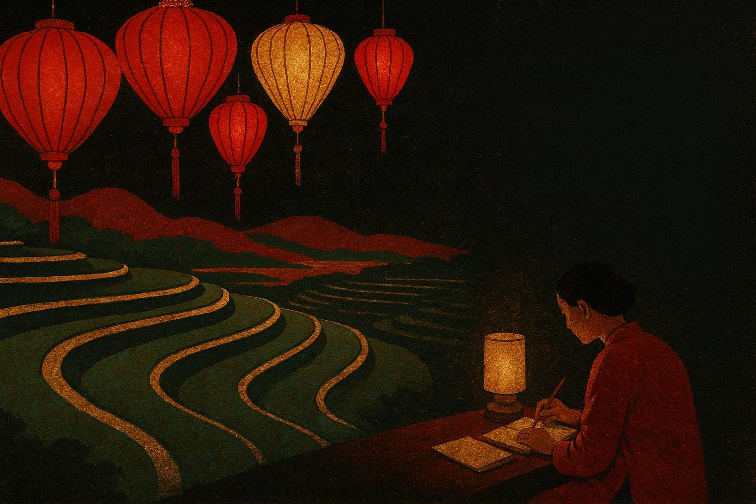 Lacquer-painted concept art of silk lanterns above a rice terrace at dusk, with a listener writing by lamplight